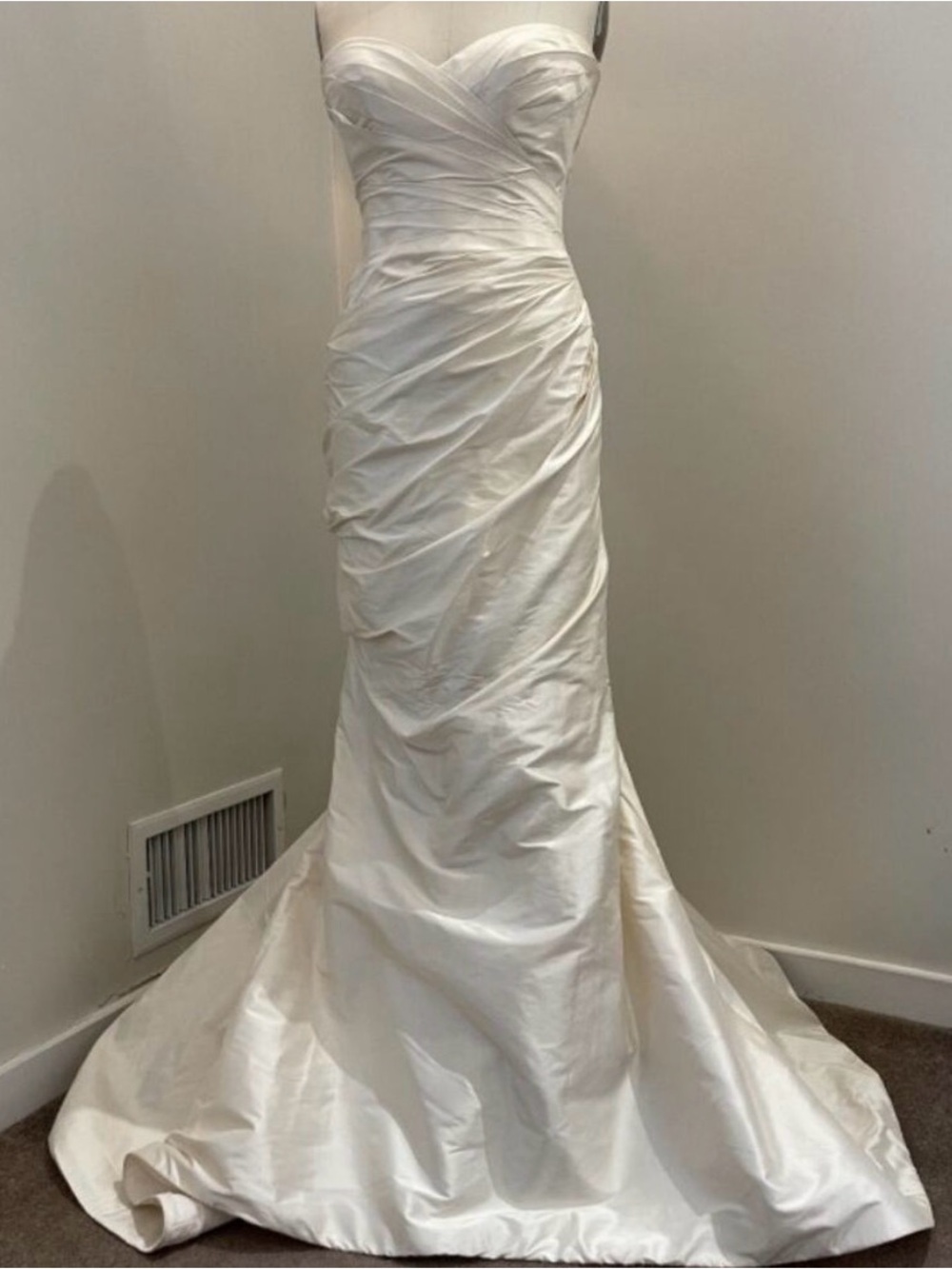 Romona Keveza Ivory Strapless Ruched Satin Mermaid Wedding Gown
